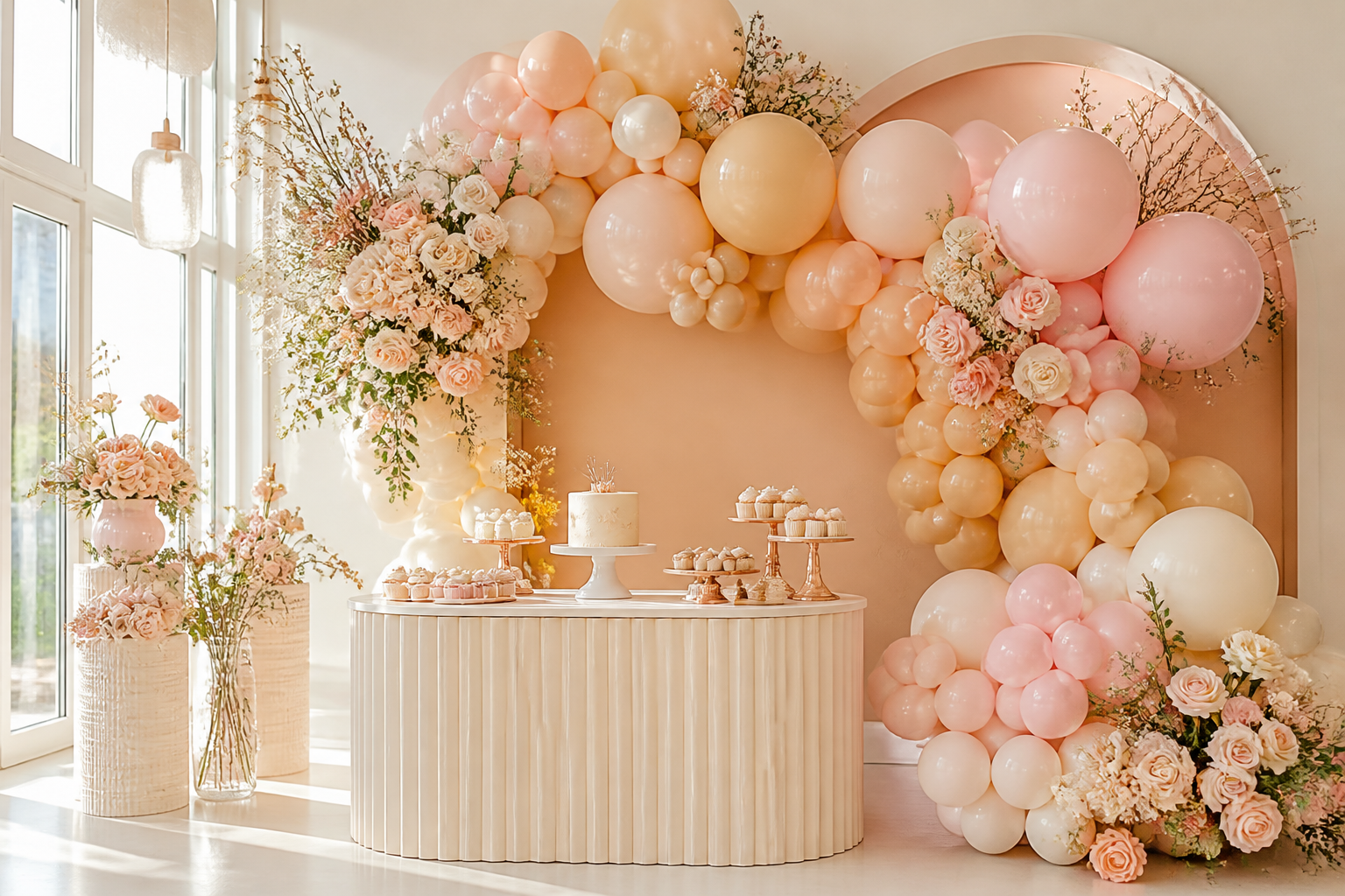 Pastel balloon and floral event installation